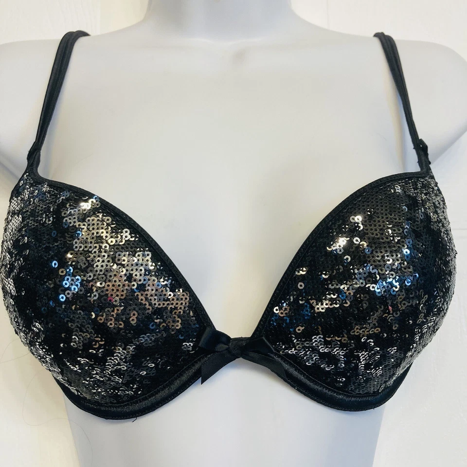 Victoria's Secret Gorgeous Plunge Bling Sequin Bra 32D Thong Panty Set Black - Image 2 of 4