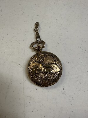 Vintage Elk Deer Ornate Cover Design Pocket Watch Quartz Unique