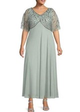 J KARA Plus Size 16W Celadon/Mercury Flutter Sleeve Beaded Chiffon Gown NWT 298