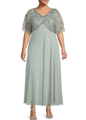 J KARA Plus Size 16W Celadon/Mercury Flutter Sleeve Beaded Chiffon Gown NWT  $298
