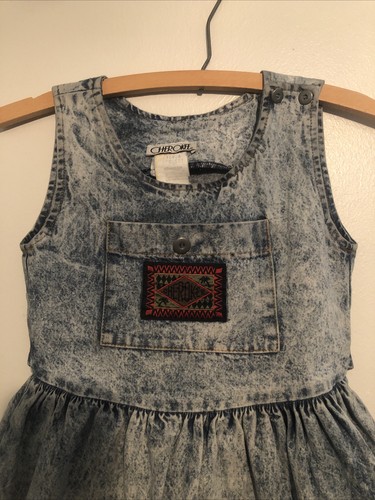Vintage 80s 90s Cherokee Girls Acid Wash Blue Denim Jumper Dress 6 USA - Picture 3 of 7