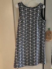 Ann Taylor Navy White Cotton Dress with Black & White Floral Trim Sz 10