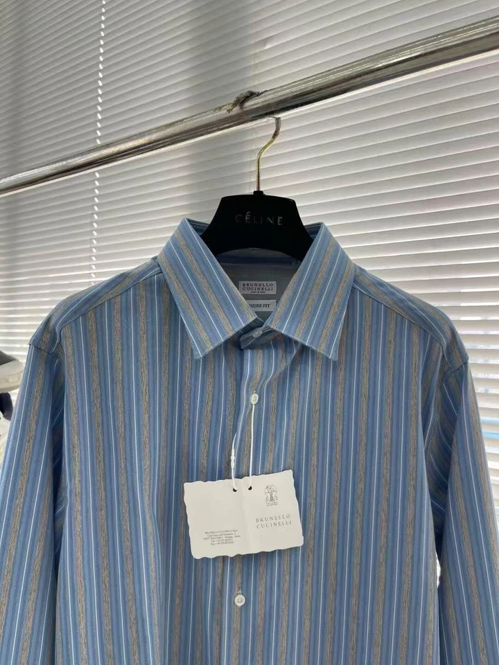 Camisa Brunello Cucinelli Para Hombre Informal Rayas Verticales Manga Larga Azul Foto 2 de 4
