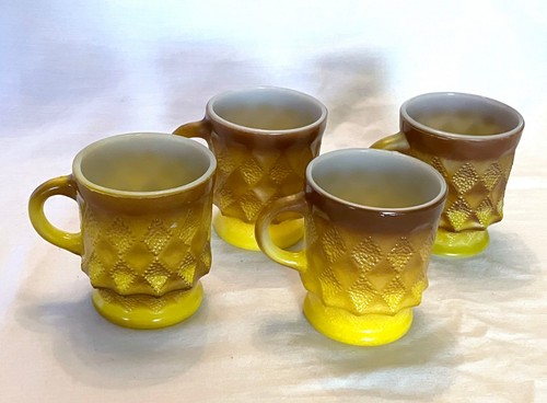 Fire King Kimberly Diamond Set of 4 Yellow Brown Mugs Cups Anchor Hocking - Picture 12 of 12
