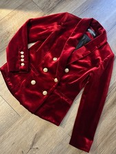 Balmain Paris Red Velvet Double Breasted Blazer Jacket Gold Buttons Women Size S
