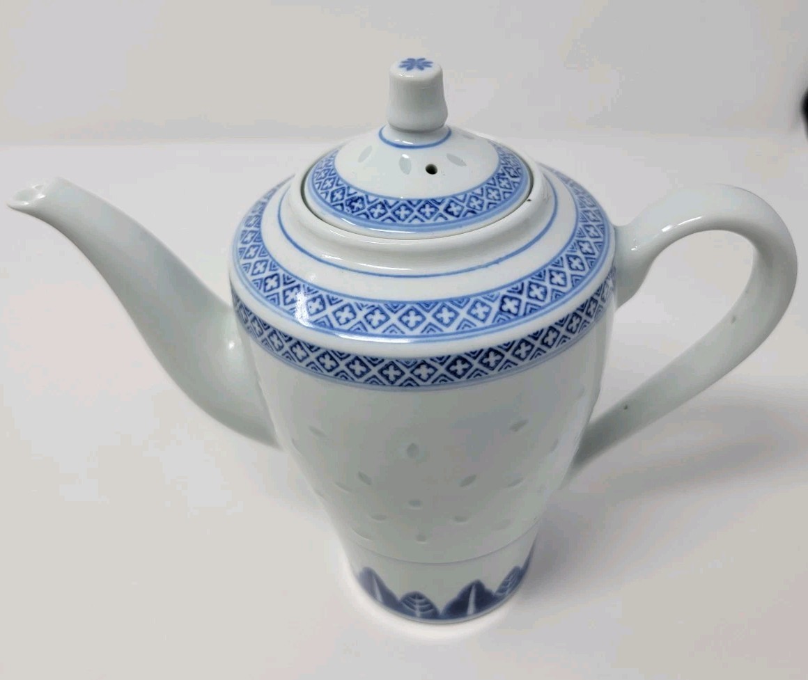 Vintage Rice Grain Pattern Blue Floral Tea Set