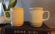 Lot / Set Of 2 Vintage Colored Ring Stackable Beige Coffee Mugs D-Shaped Handle