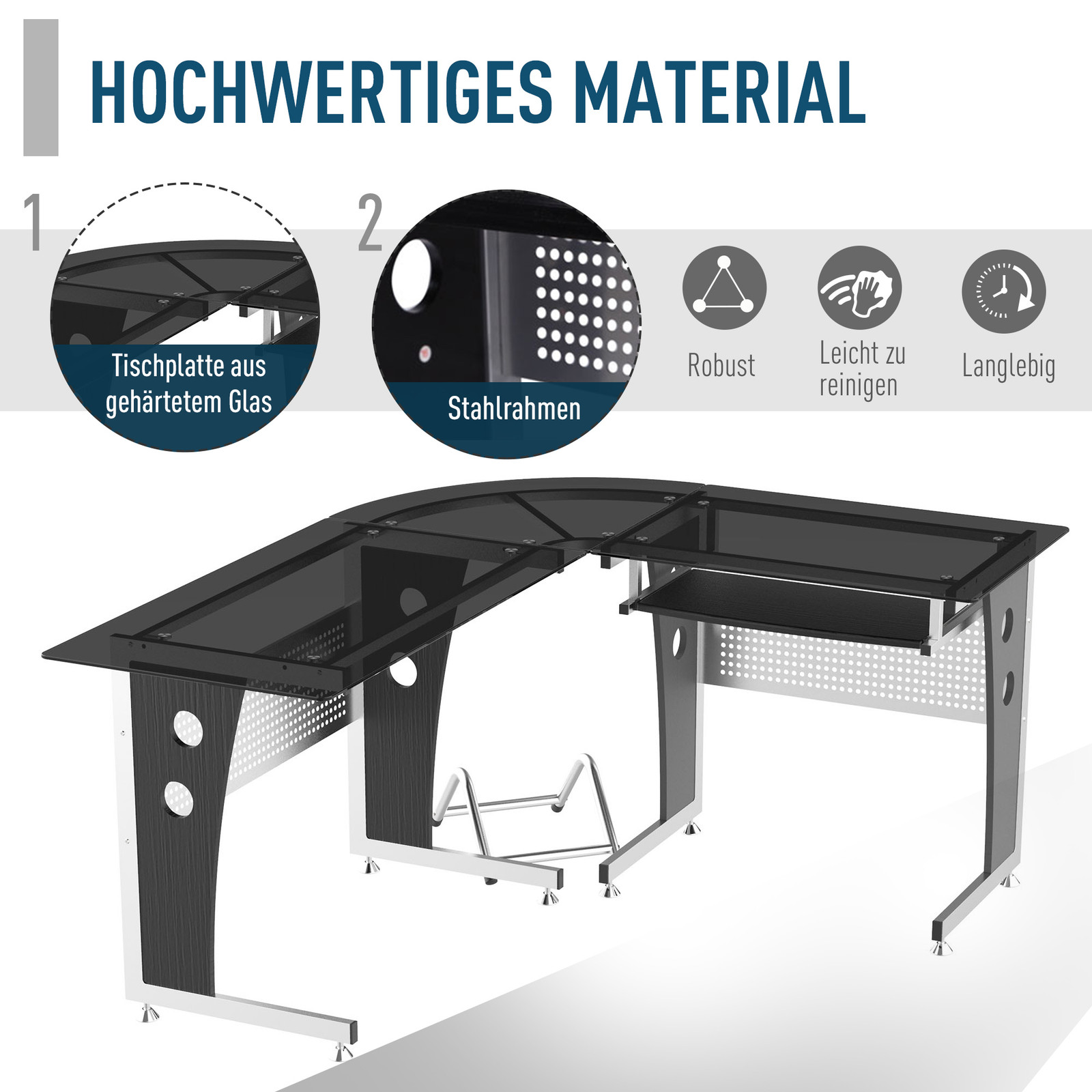 HOMCOM Computertisch Eckschreibtisch PC Tisch Bürotisch mit Sicherheitsglas Büro