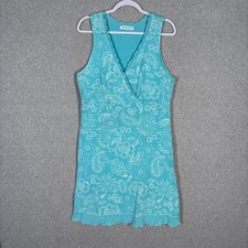 Fresh Produce Wrap Ruffle Knee Dress Medium Aqua Turquoise Floral USA Cotton