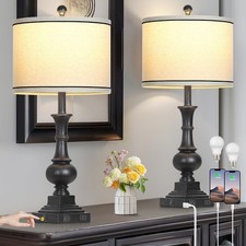 Farmhouse Lamps Set of 2, Vintage Rustic Black Table Lamps with USB A C Fast ...
