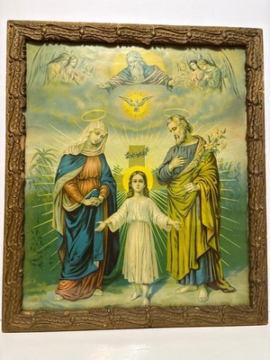 Antique framed Religious Holy Family Chromoligraph Print Fridolin Leiber 21 x 19