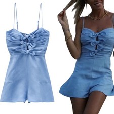 Zara Cut Out Bow Front Romper Linen Blend Chambray Blue Blogger Fave Womens S