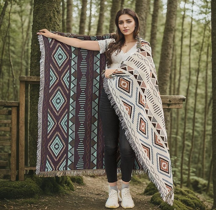 Lqprom Boho Throw Blankets Knit Bed Blankets with Tassel Aztec Western ...