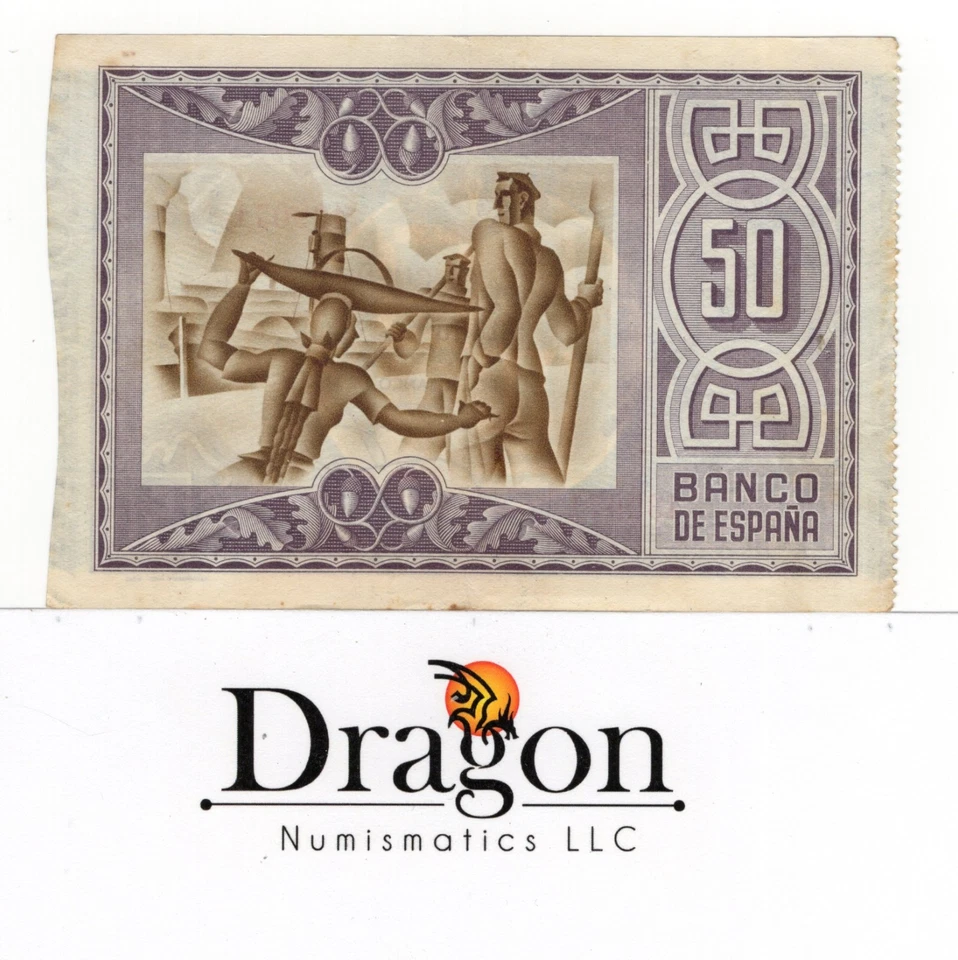 SPAIN CIVIL WAR 1937 50 Pesetas Banco de España - P# S564 Circulated - Image 2 of 2