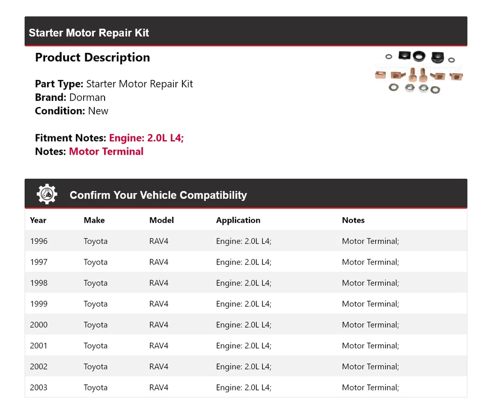 Kit de reparación de motor de arranque Dorman 2,0 L L4 1996-2003 Toyota RAV4 1997 1998 1999 Foto 2 de 4
