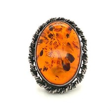 Vintage Sterling Silver Chunky Baltic Amber Stone Cabochon Ring Band size 7 1/2