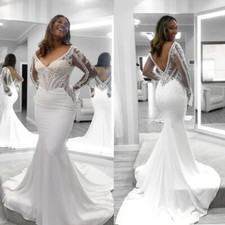 Mermaid Wedding Dresses Long Sleeve V Neck Lace Applique Sweep Train Bridal Gown