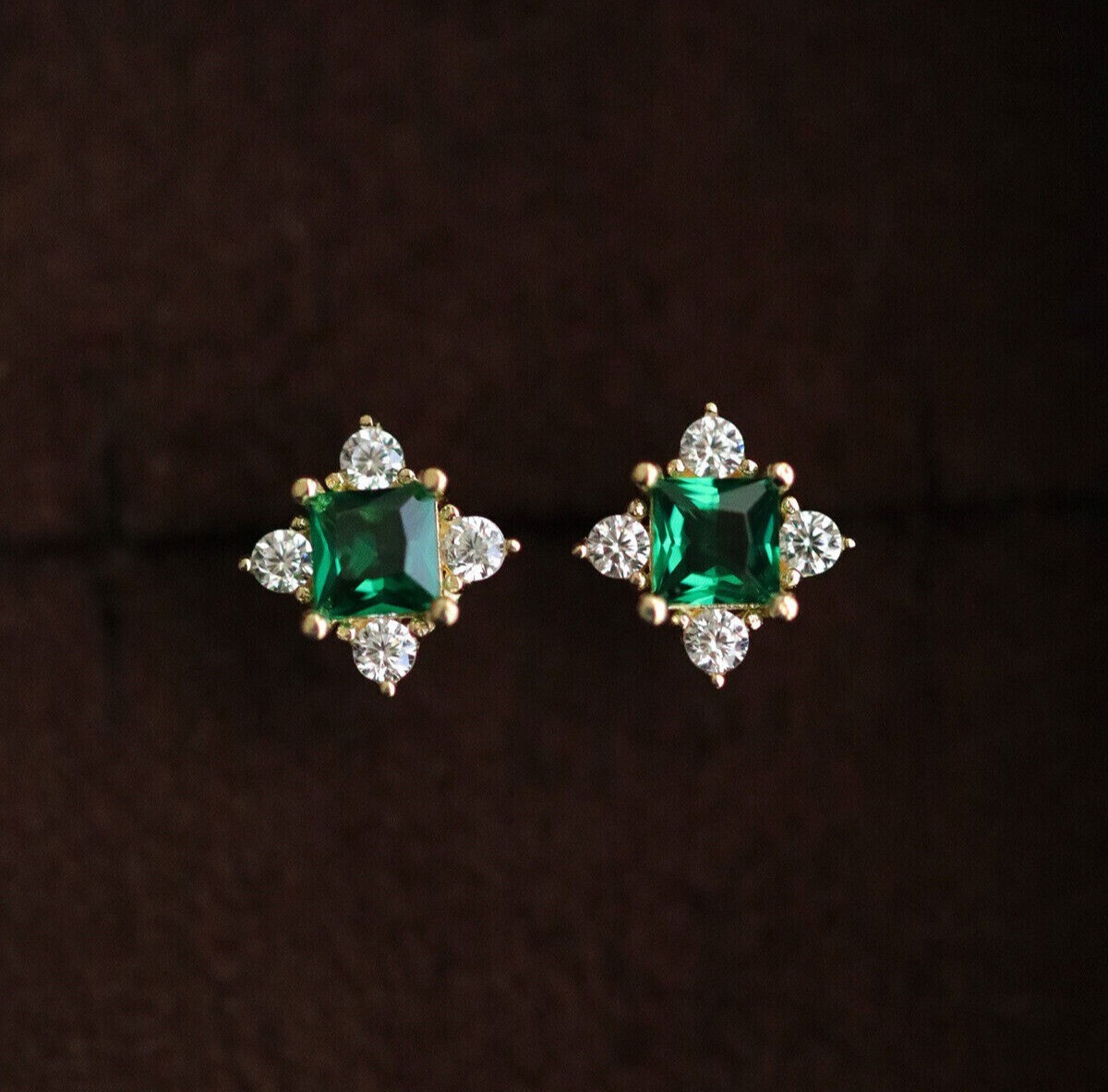 Princess Cut Simulated Emerald Stud Earrings in 14k Yellow Gold Plated