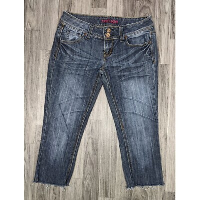 Refuge Womens Size 0 Embroidered Fringe Hem Cropped Capri Denim Blue Jeans
