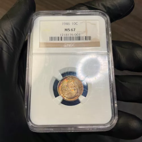 MS67 1946 10C Roosevelt Silver Dime, NGC- Pretty Rainbow Toned