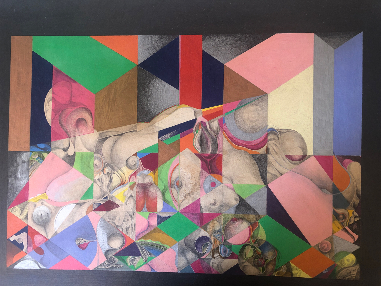 Vintage Erotic Phycodelic Painting, circa 1970 Gouache and Color Pencils