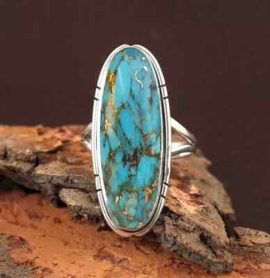 Blue Copper Turquoise Ring 925 Sterling Silver Stylish Pretty Ring All Size MK*