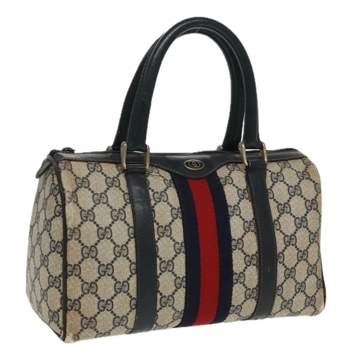Sac GUCCI GG Supreme Sherry Line Boston PVC bleu marine rouge or 012 3841 58 authentique 94298