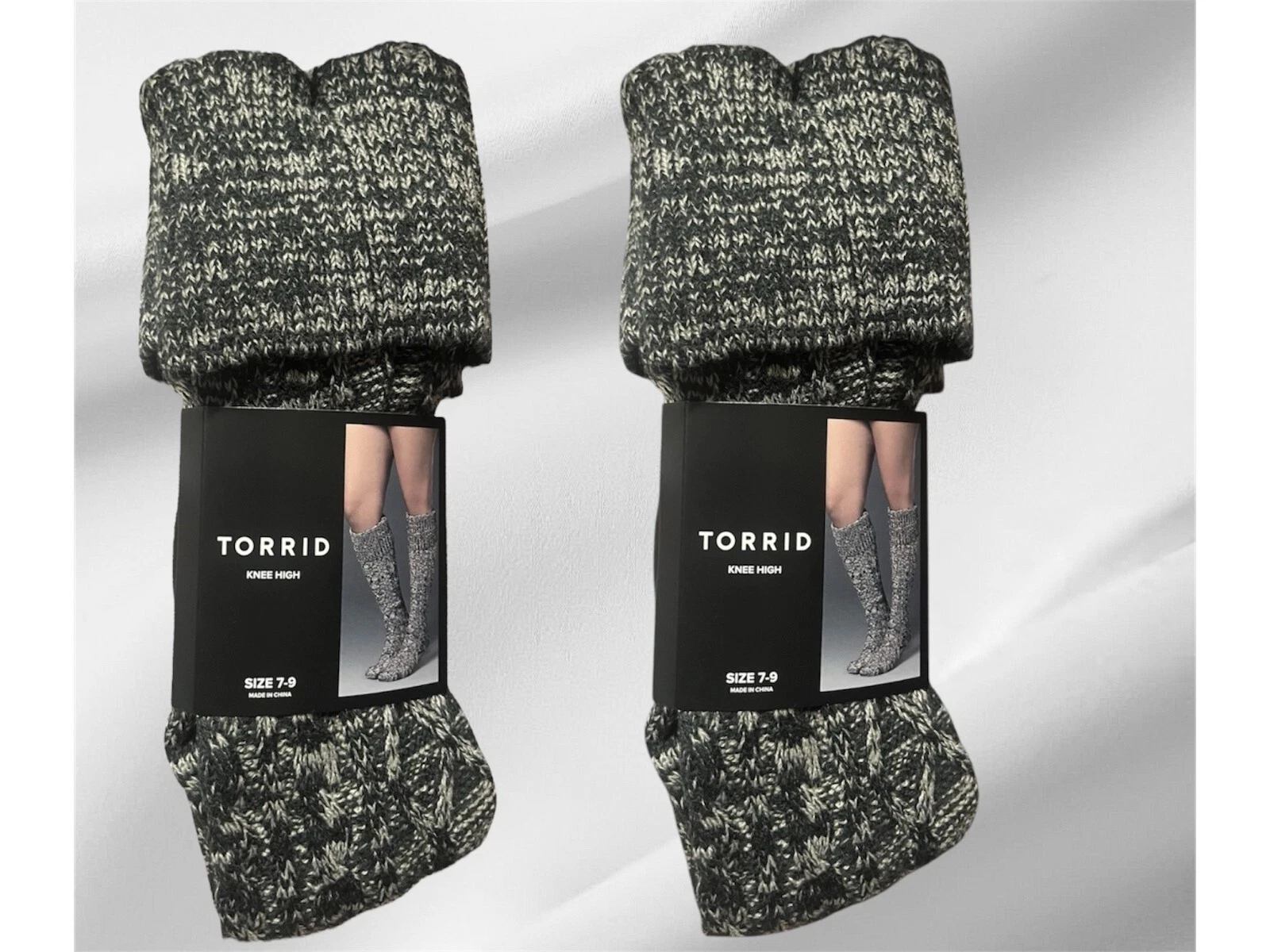Torrid Black/Gray Specks Cable Knit Knee-High Boot Socks, Size 7-9/ 2-Packs