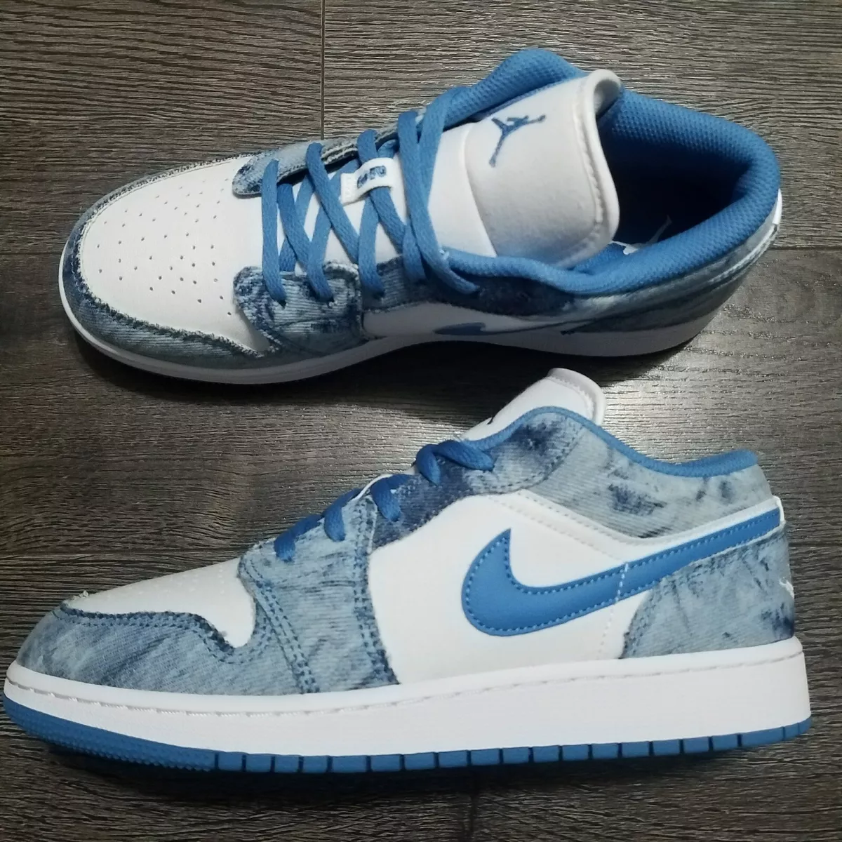 NIKE Air Jordan 1 Low (GS) Washed Denim Shoes Youth 6.5 Womens 8 White UNC  Blue