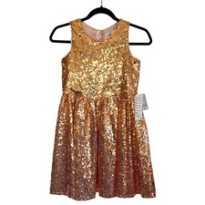 DISNEY Belle Sequin Gold Rose Gold Sleeveless Party A-Line Girl's Dress 9/10 NWT