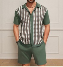 Men Summer Outfit 2-Piece Set Short Sleeve Shirt and Shorts Knitted Set