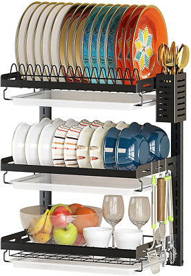 Wall Mounted Dish Drying Rack, 3 Tier Stainless Steel Hanging Dish Drainer with 