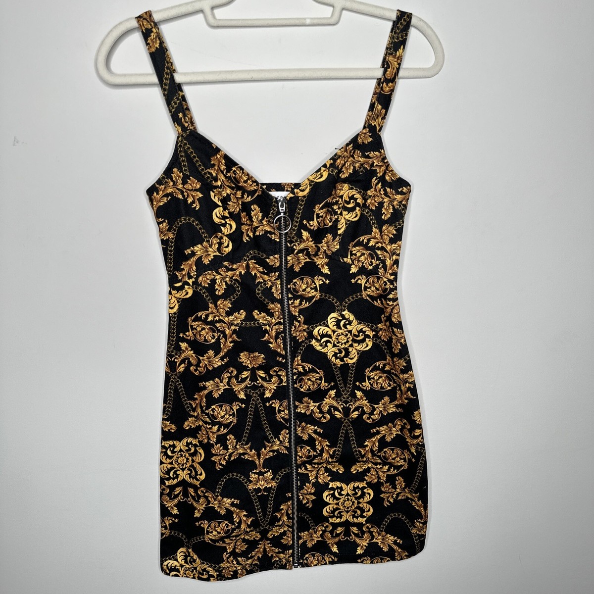 Women US 2 Topshop Gold Chain Print Black Denim Mini Dress Zip 90s Style  Grunge