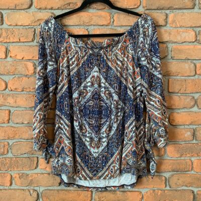 Daniel Rainn Top Women's Medium Blue Paisley Print Boho Tie Sleeve Blouse Off