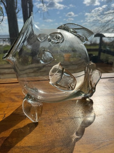 Handblown Glass Fish MCM Clear Fins Bowl Marine Ocean Art Terrarium Big Mouth - Picture 6 of 6