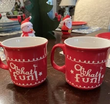 Two California Pantry 2018 OH WHAT FUN 4” Red & White Mugs Christmas Music Song 