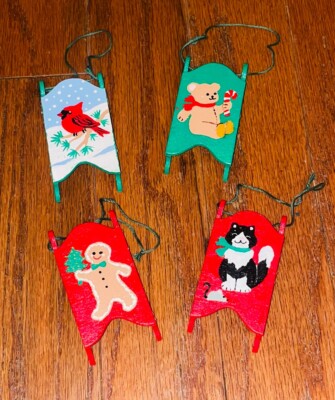 Lot Of 4 Vintage Hand Painted Sled Ornaments Cat Bird Bear Gingerbread