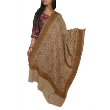Sanskriti Vintage Long Brown Shawl Pure Woolen Woven Scarf Throw Floral Stole