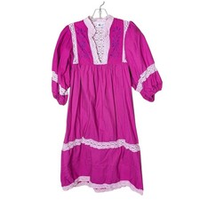 Vintage Sara Arellano Hand Embroidered Dress Pink Cotton Lace Trim Crochet FLAW