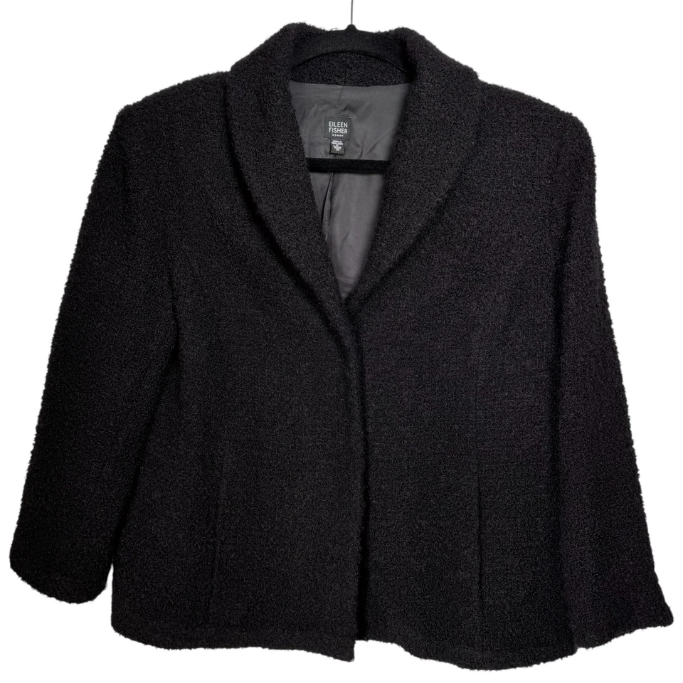 Abrigo Chaqueta Eileen Fisher Negro Mezcla Lana Mantón Cuello Cuadrado Suave Boucle Talla 1X Foto 2 de 4