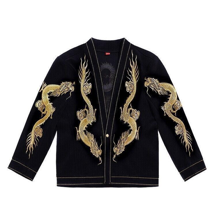 Mens Costume Coat One Button Dinner Jacket Japanese Pattern Embroidery Dragon