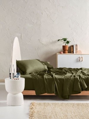 Linen House Augusta Sheet Set (Olive) - King King: 290cm x 270cm (1 x Flat Sheet