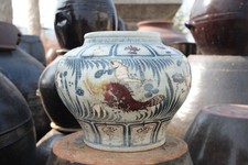A0157. Blue & White Underglaze Red Jar with Fish Design and Kiln Flaws