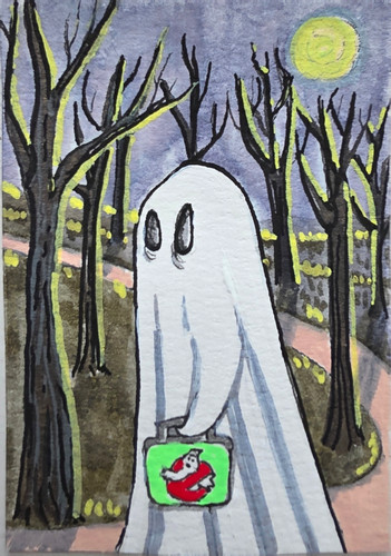ACEO Original Ghost in the Woods Halloween Ghost Forest Fantasy theenchantednook
