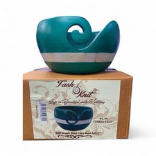 Teal Striped Yarn Bowl Wooden Holder for Knitting  Crochet 6" x 3.5" Organizer