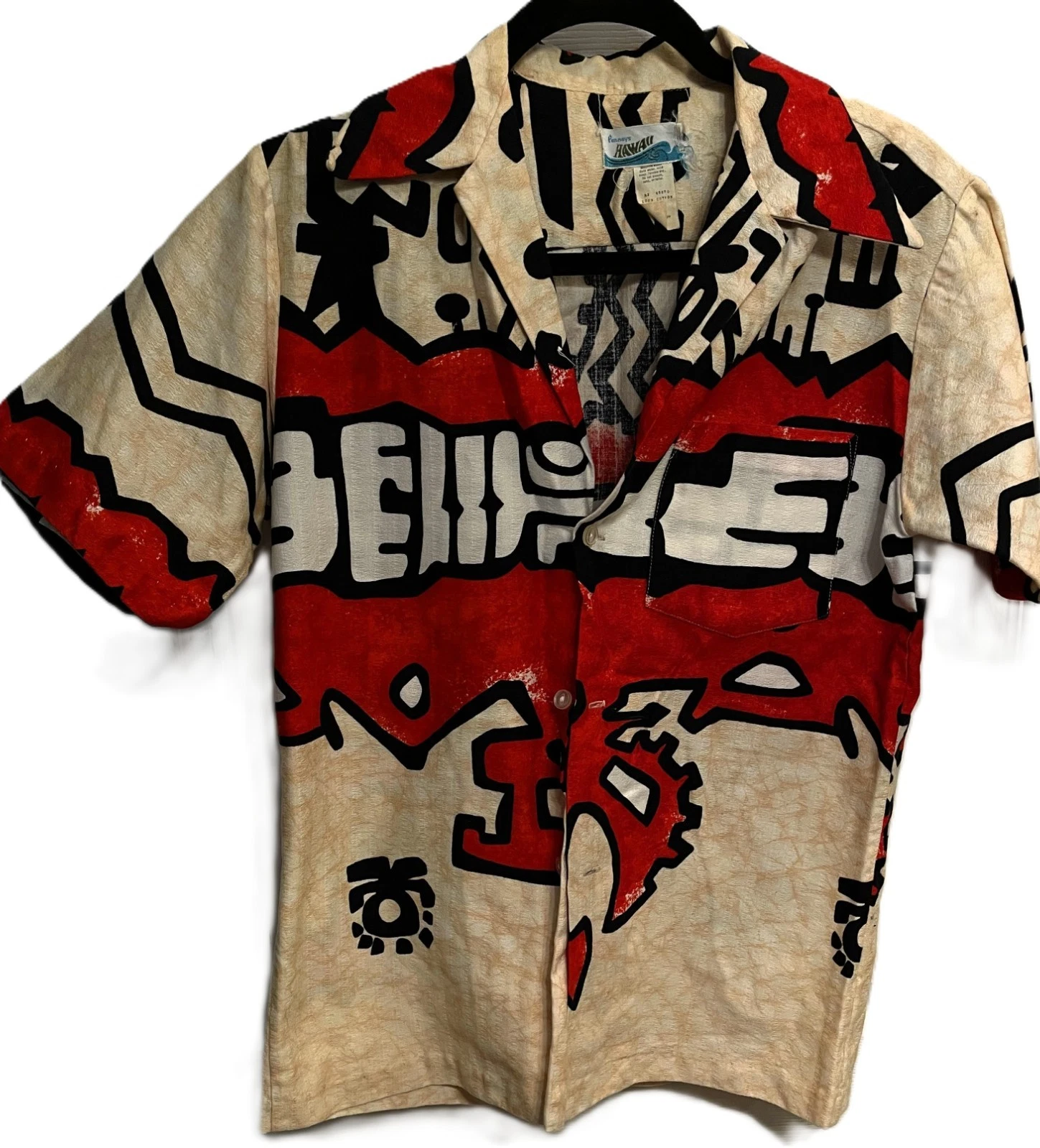 JC Penny’s Hawaii Men’s Vintage Hawaiian Shirt Abstract Red/Beige Size SMALL