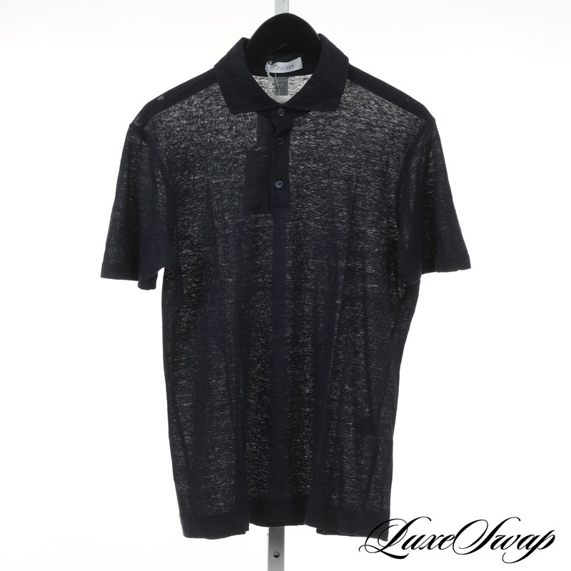 NWT #1 MENSWEAR Cruciani Made in Italy 100% Linen Slubby Navy Polo Shirt 50 NR
