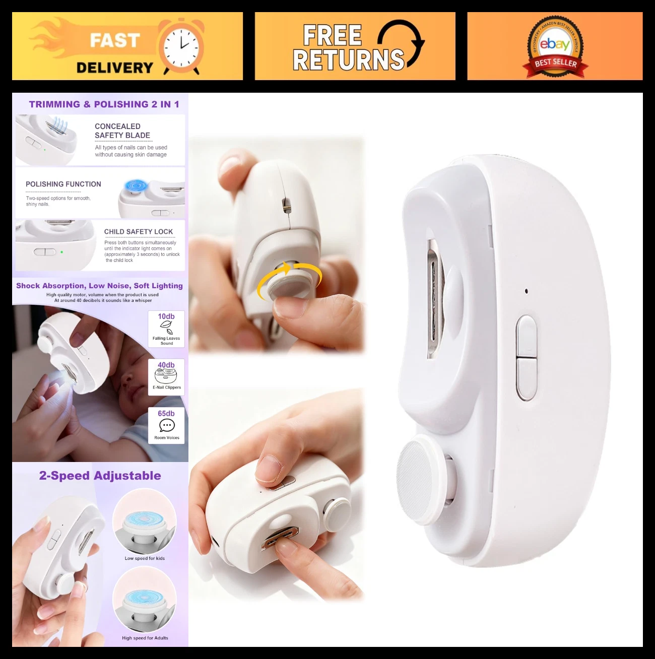 2-in-1 Electric Nail Clipper for Adults & Babies, Smart Automatic Polishing Tool