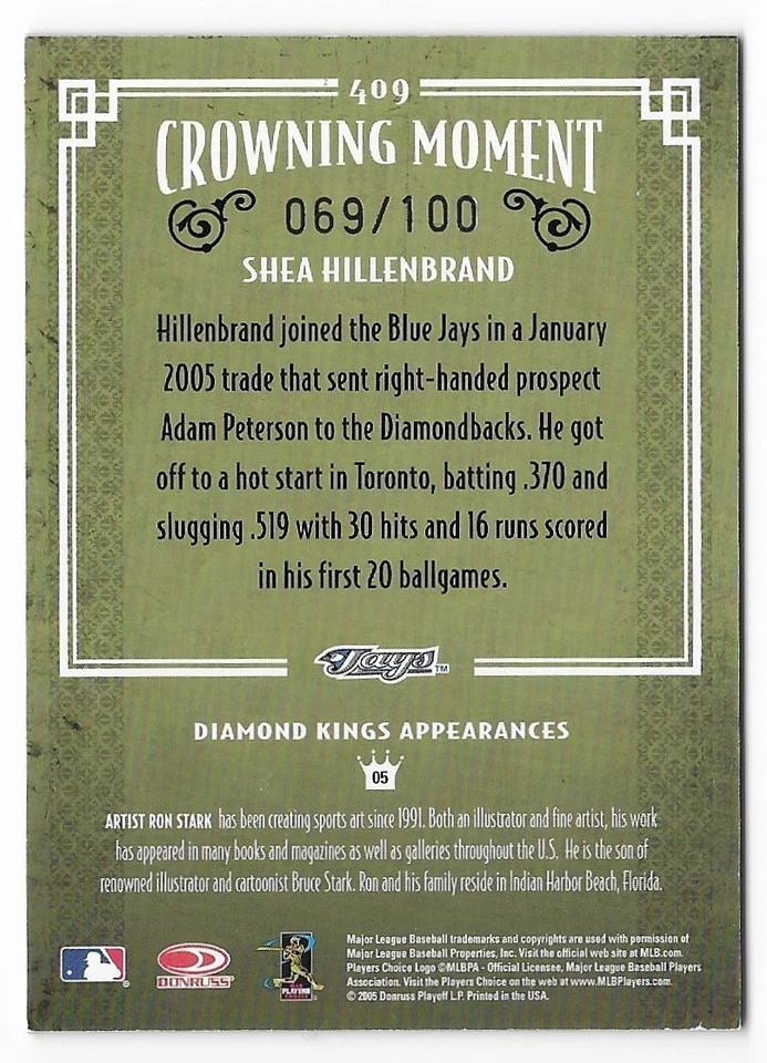 2005 Diamond Kings Framed Blue #14 Shea Hillenbrand /100 Jays Numbered Parallel - Image 2 of 2