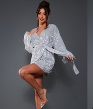 NWT Pretty Little Thing Silver Sequin Wrap Balloon Sleeve mini Dress Size 2
